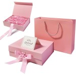 Ousaliyea ピンク ギフトボックス 蓋付き 磁気プレゼントボックス 23x17x7 cm ギフトバッグリボン付き 細断紙グリーティングカード クリスマス 結婚式 誕生日用 高級パッケージボックスセット(1セット)