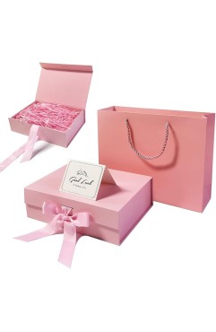 Ousaliyea ピンク ギフトボックス 蓋付き 磁気プレゼントボックス 23x17x7 cm ギフトバッグリボン付き 細断紙グリーティングカード クリスマス 結婚式 誕生日用 高級パッケージボックスセット(1セット)