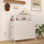 LunarLight チェスト タンス 幅100奥行30高さ104.2㎝ 収納チェスト 収納ケース コンセント2口付き ストッパーキャスター付き 移動式と 固定式2機能 テレビ台としても使える 頑丈 組立簡単 耐震転倒防止 大容量収納3段7杯 引き出し付き 棚板2枚 (ホワイト)