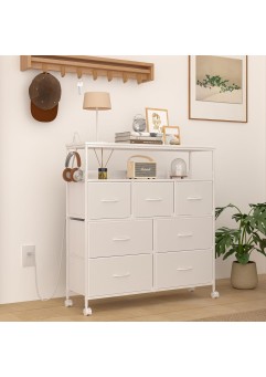 LunarLight チェスト タンス 幅100奥行30高さ104.2㎝ 収納チェスト 収納ケース コンセント2口付き ストッパーキャスター付き 移動式と 固定式2機能 テレビ台としても使える 頑丈 組立簡単 耐震転倒防止 大容量収納3段7杯 引き出し付き 棚板2枚 (ホワイト)