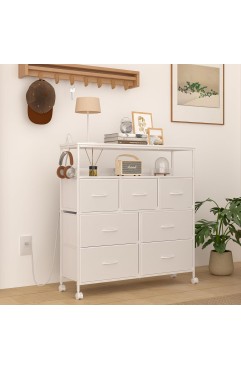 LunarLight チェスト タンス 幅100奥行30高さ104.2㎝ 収納チェスト 収納ケース コンセント2口付き ストッパーキャスター付き 移動式と 固定式2機能 テレビ台としても使える 頑丈 組立簡単 耐震転倒防止 大容量収納3段7杯 引き出し付き 棚板2枚 (ホワイト)