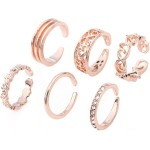 [FUMAJIS] 6点セット指輪 おしゃれ 人気 メンズ レディース カップル ユニセックス フリーサイズ アクセサリー 指輪プレゼント シルバー 合金 連リング ファッションリング調節可能 人気 セット (ピンクゴールド)